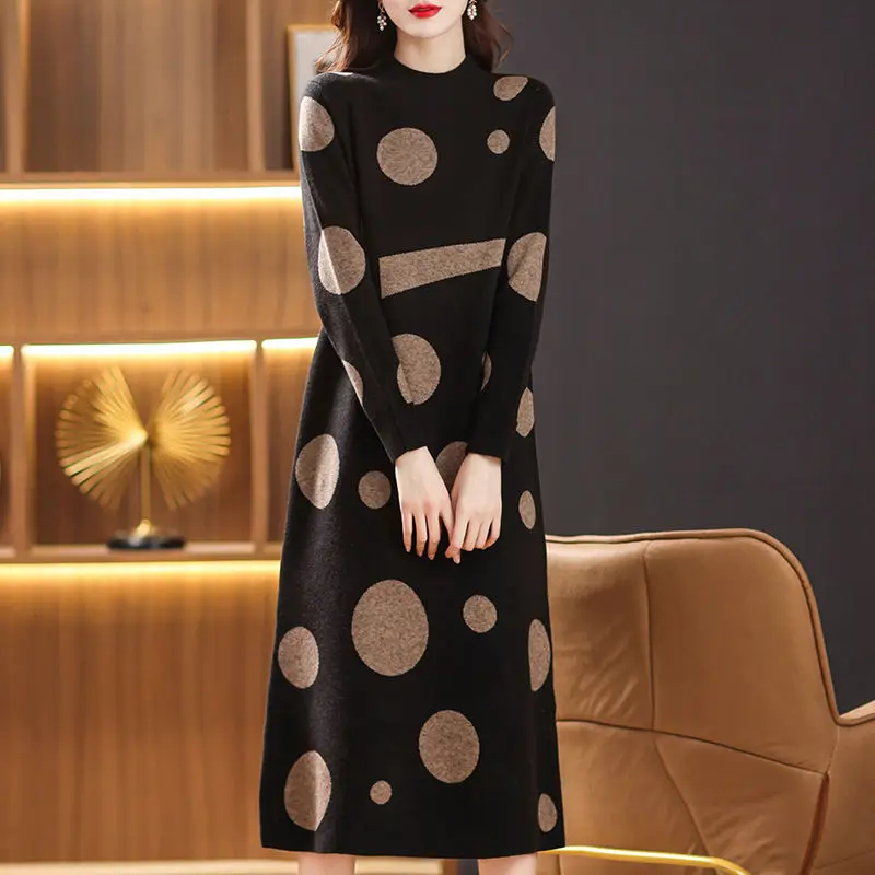 Vintage Polka Dot Printed Dresses Casual Half High Collar Autumn Winter A-Line Women\'s Clothing Long Sleeve Knitted Midi Dress