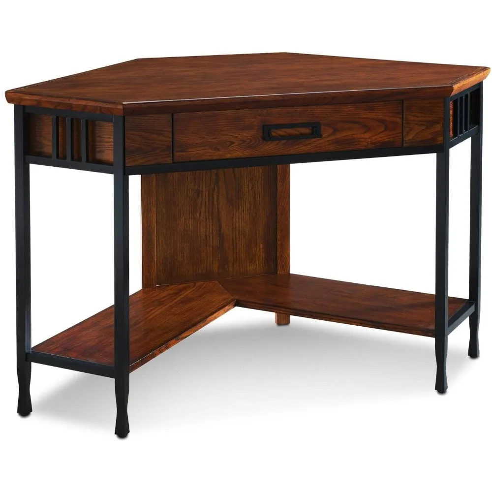 

Leick Home 11230 Ironcraft Corner Writing/Computer Rustic Desk with Drawer and Shelf, Mission Oak and Black