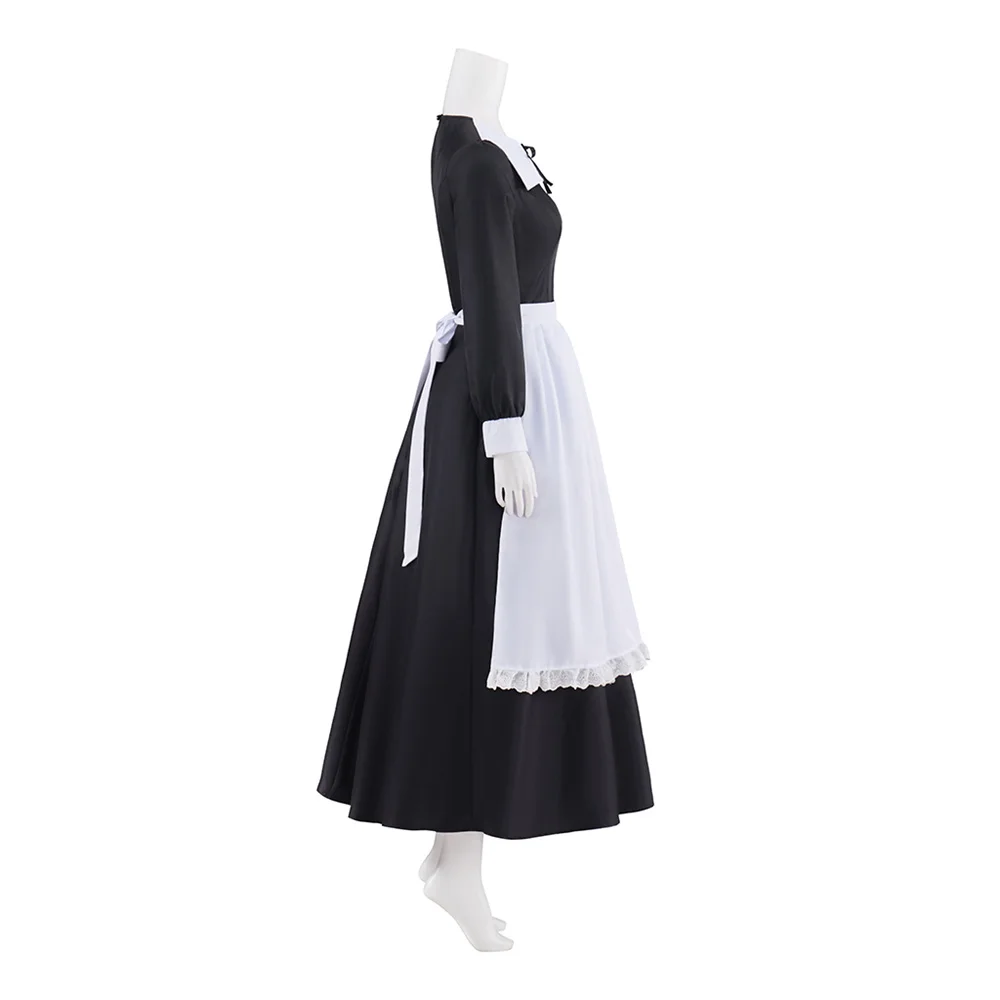 Gaun Seragam Kostum Cosplay Abad Pertengahan Hitam Putih Pembantu Kolonial dengan Topi Gaun Mewah Pembantu Panggung Halloween Pertunjukan