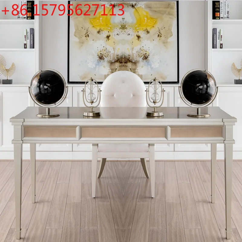 

Light luxury American desk, champagne all solid wood strip table, writing desk neoclassical computer table simple Italian desk