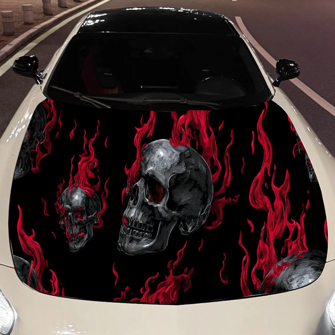 

Dark Flame Skeleton Car Hood Vinyl Stickers Car Surface Protection Decal Car Decoration Cover Vinyl Wraps Waterproof Self-adhesi
