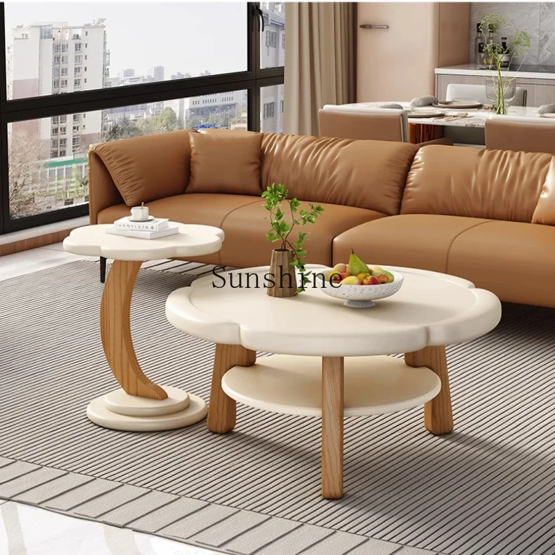 

Cream wind solid wood small apartment living room household round creative simple household tea table