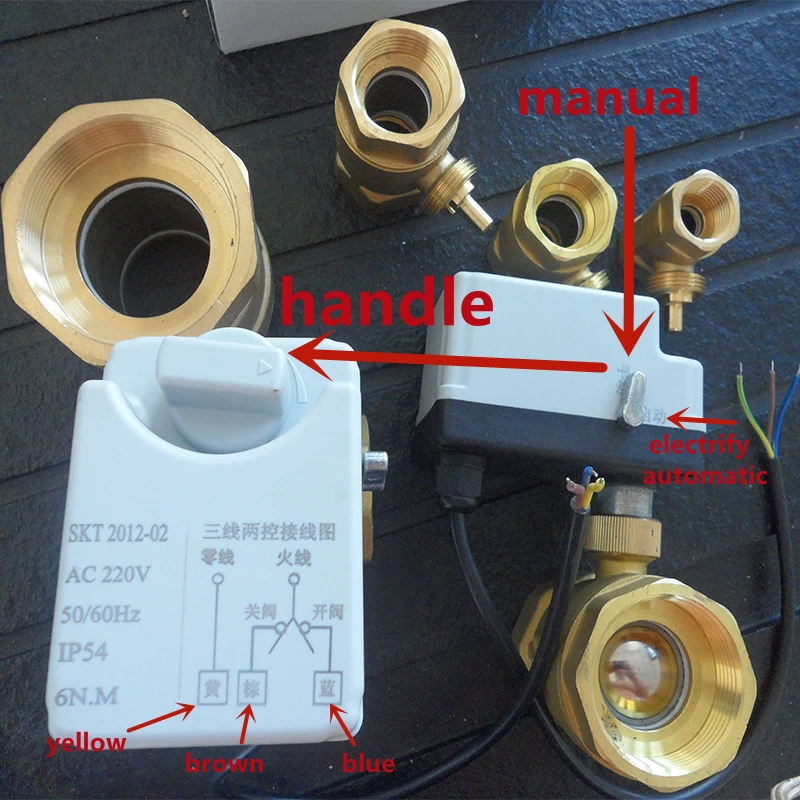 2 way 3 wire 2 control electric actuator motorized brass valve AC220V automatic control shut-off valve with manual switch