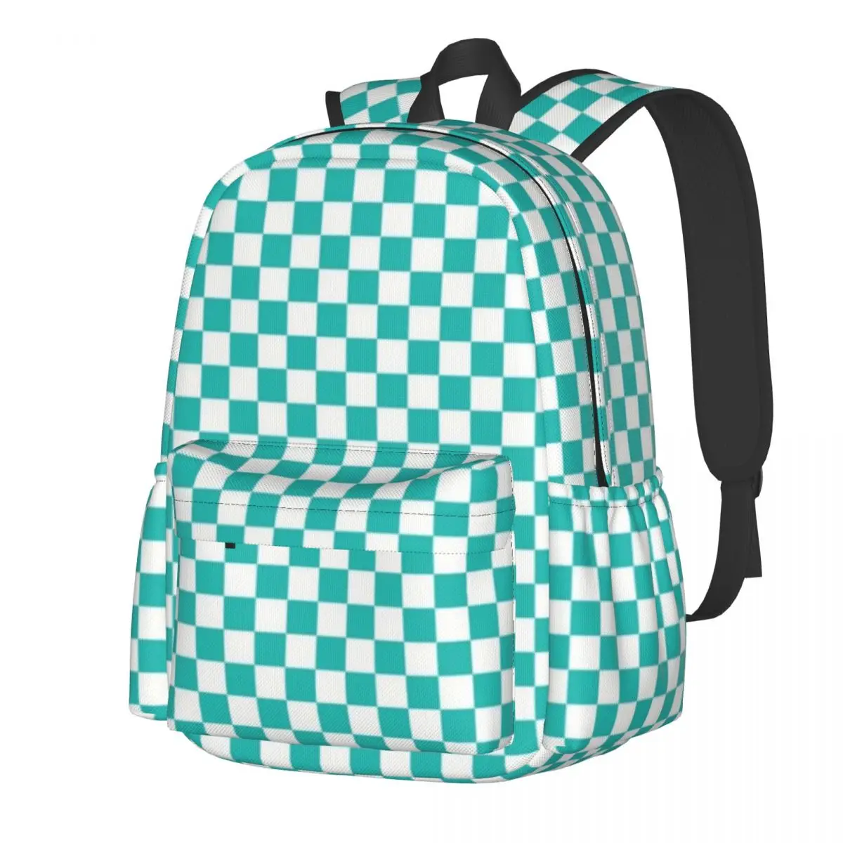 

Aqua Checkerboard Backpack Green White Squares Teen Polyester Travel Backpacks Breathable Style School Bags Rucksack