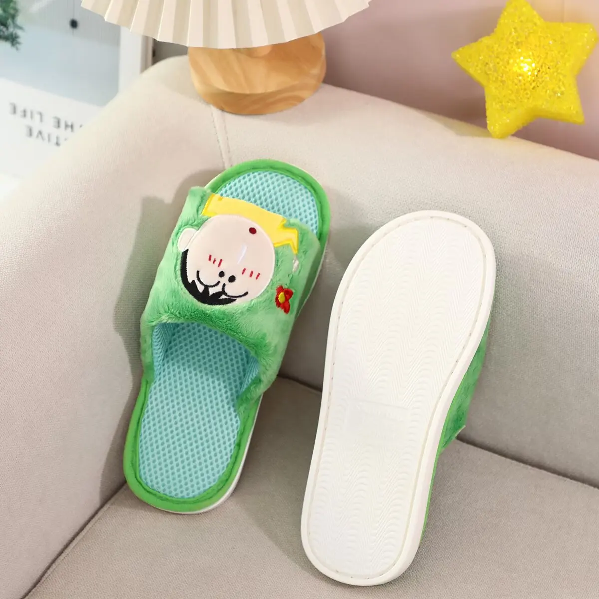 Crayon Shin-chan Open-Toe Slippers Women Cartoon Mesh Breathable Slippers Cozy Plush House Shoes Female Bedroom Cute Flat Slides