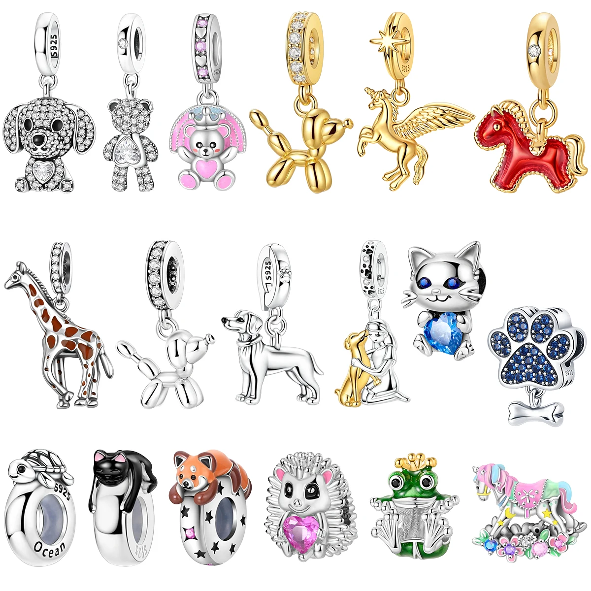 Hot Sale Cute Giraffe Charms 925 Sterling Silver Bear Dog Cat Sloth Turtle Beads Pendants Fit Bracelet Necklace DIY Jewelry Gift