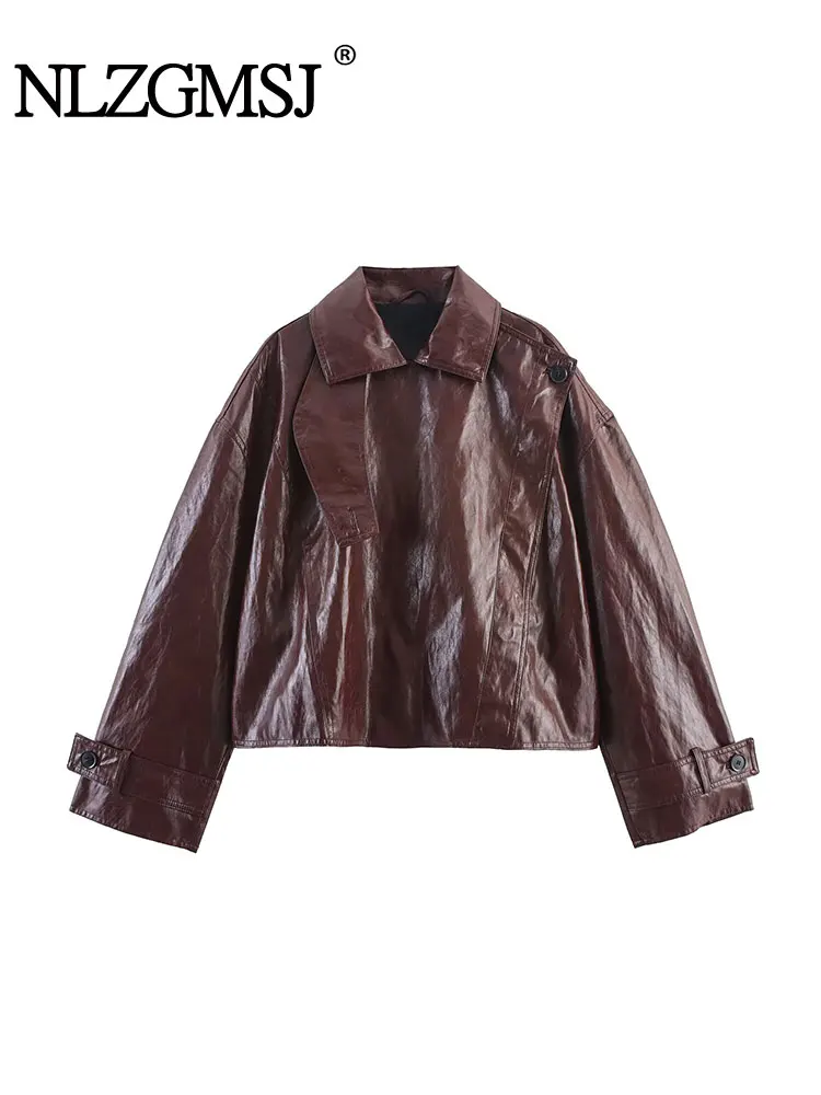

NLZGMSJ Casual Chic PU Leather Jacket Solid Slanted Collar Long Sleeve Short Coats New Fashion 2025 Autumn Coats