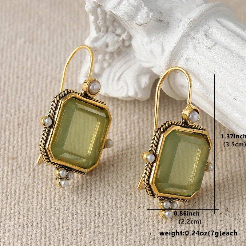 Vintage Intaglio 2024 New Trend Green Color Square Inlay Pearls Dangle Earrings For Women Party Birthday Antique Custom Jewelry image 3
