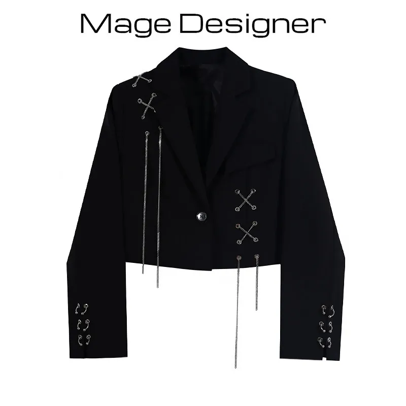 

Black Cropped Blazer Women 2026 Spring Casual Oversized Chain Detail Suit Jacket Chic Street Style Short Coat Wholesale