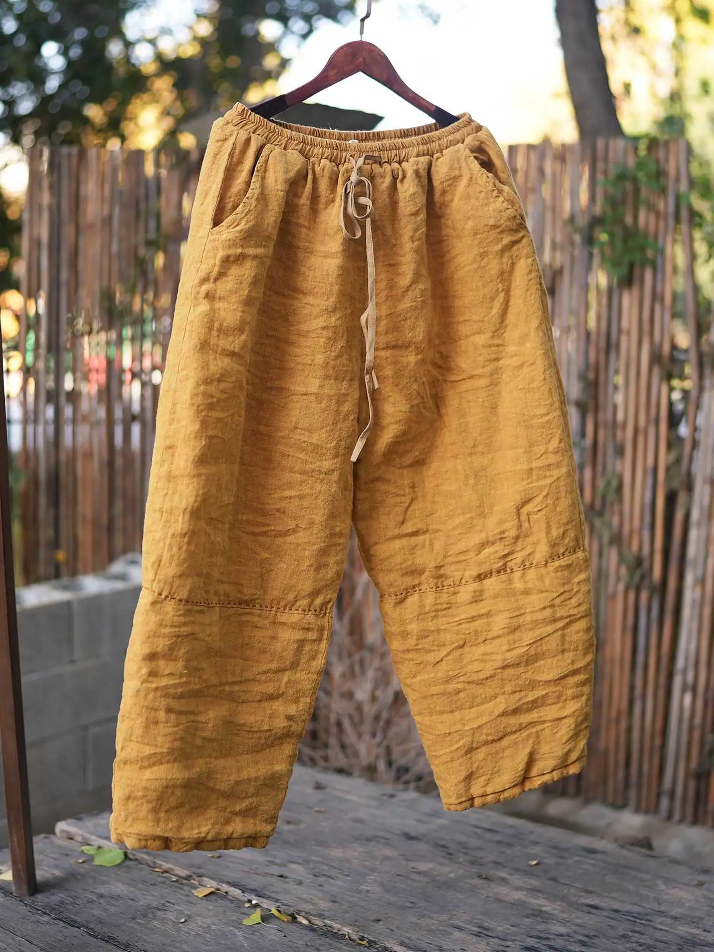

Winter Thi Cotton Colored Weave Linen Fabric High Temperature Ready-Made Waed Loose Casual Long Pants Straight Leg Trousers