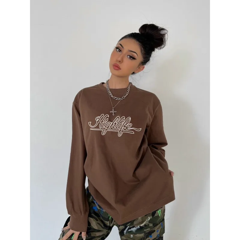 Basic Langarm Neues Bottoming Shirt Rundhals Reine Baumwolle Kordelzug Herbst und Winter Casual T-Shirt Trendiges Damen Top