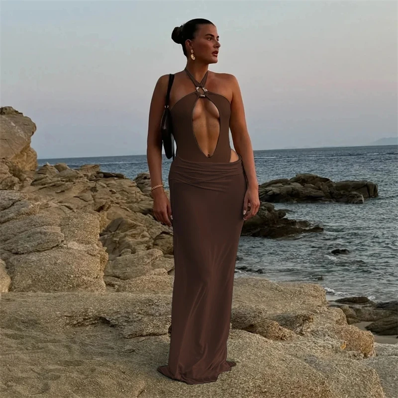 مثير قطع فستان ماكسي مع ارتداءها الرسن عارية الذراعين ثنيات فستان طويل امرأة المرقعة فساتين عطلة الشاطئ