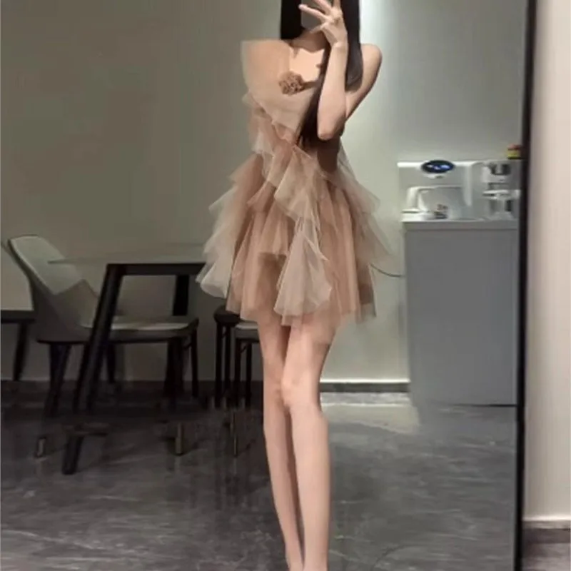 

A new stylish birthday dress with off-the-shoulder mesh fabric design