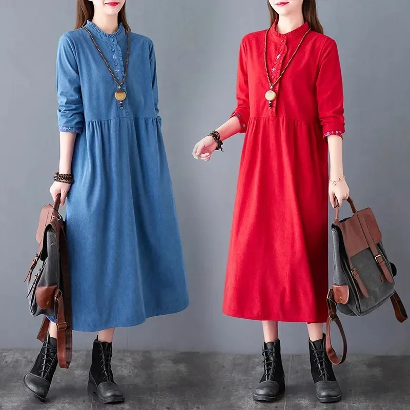 Fashion Corduroy Dress 2024 New Autumn Winter Women Dresses Vestidos Korean Long Sleeve Casual Shirt Dress Blue Red Female A529