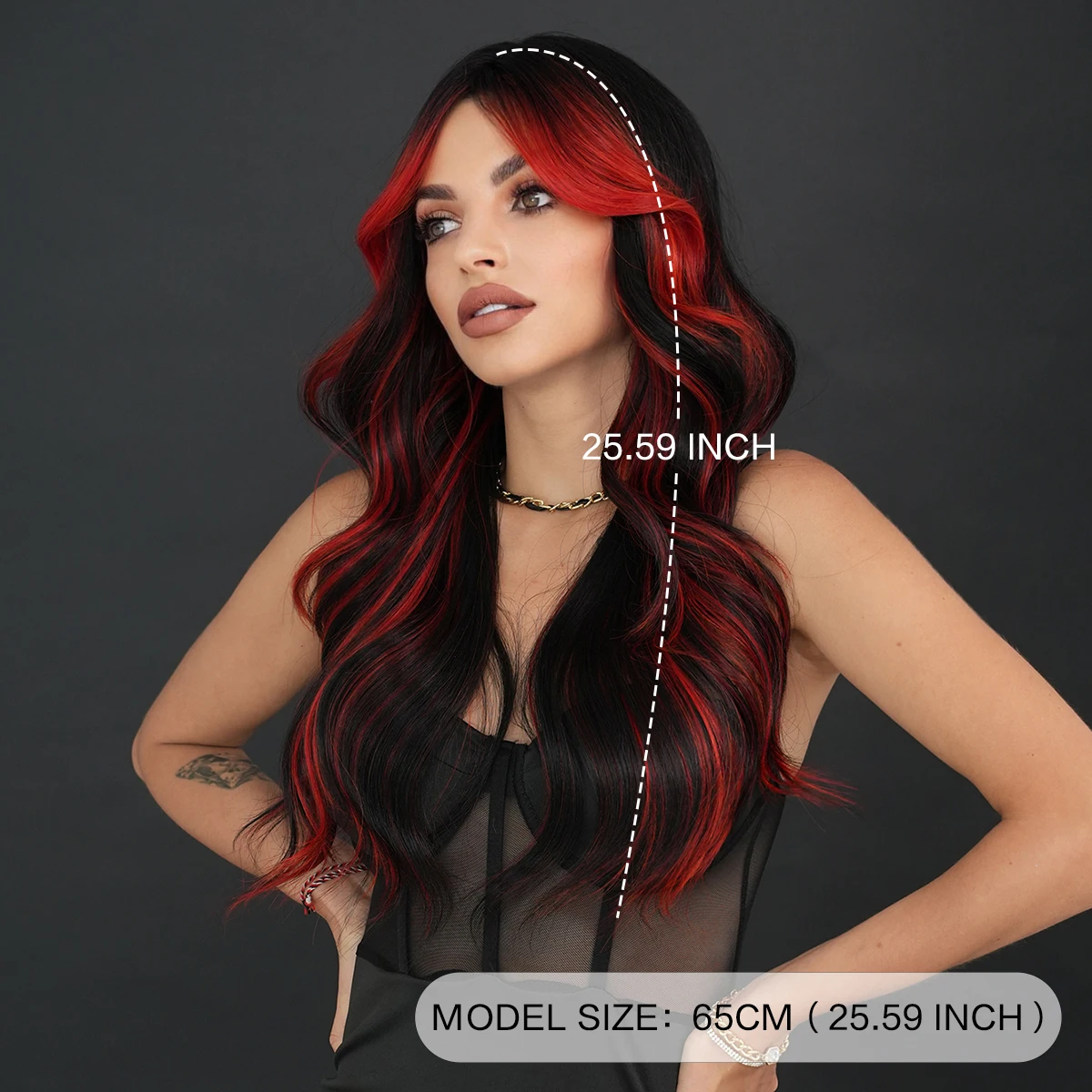 NAMM Highlight Skunk Red Wig Body Wave Synthetic Black Wig for Women Daily Party Use Highlight Red Wavy Wigs with Fluffy Bangs