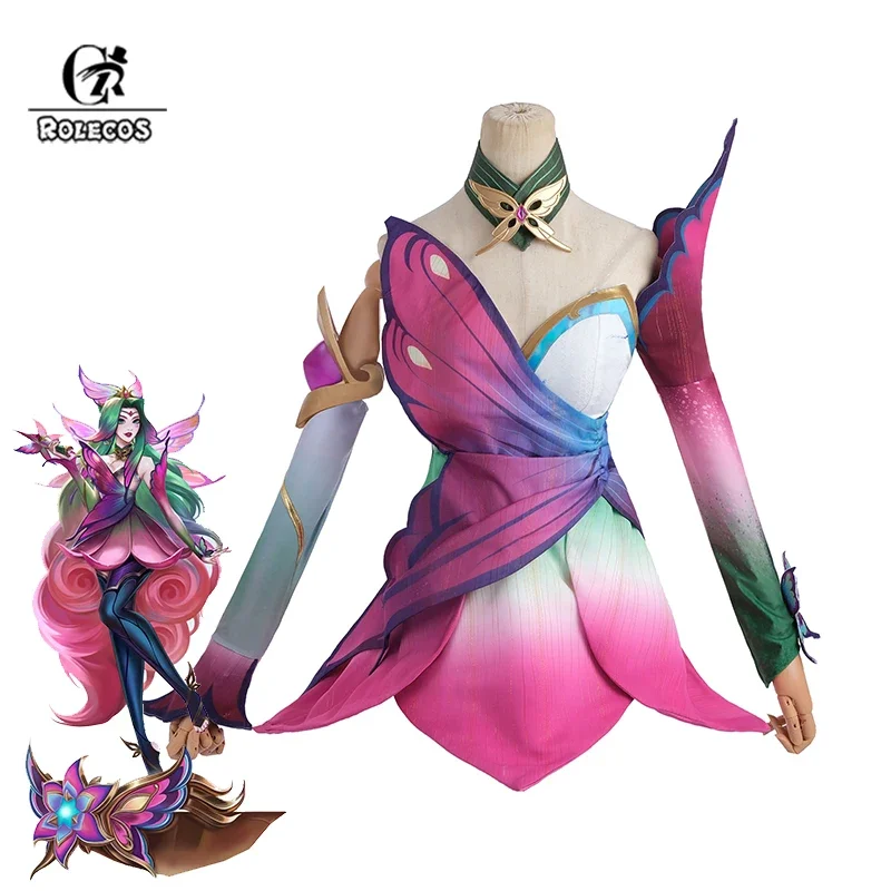 ROLECOS LOL Faerie Court Seraphine Cosplay Suit Game LOL Seraphine Butterfly Design Outfit Halloween Women Suit New Skin