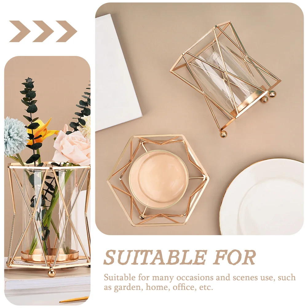 

Iron Art Hydroponic Glass Flower Vase Geometric Rhombus Design Decorative Plant Container Home Office Garden Ornament