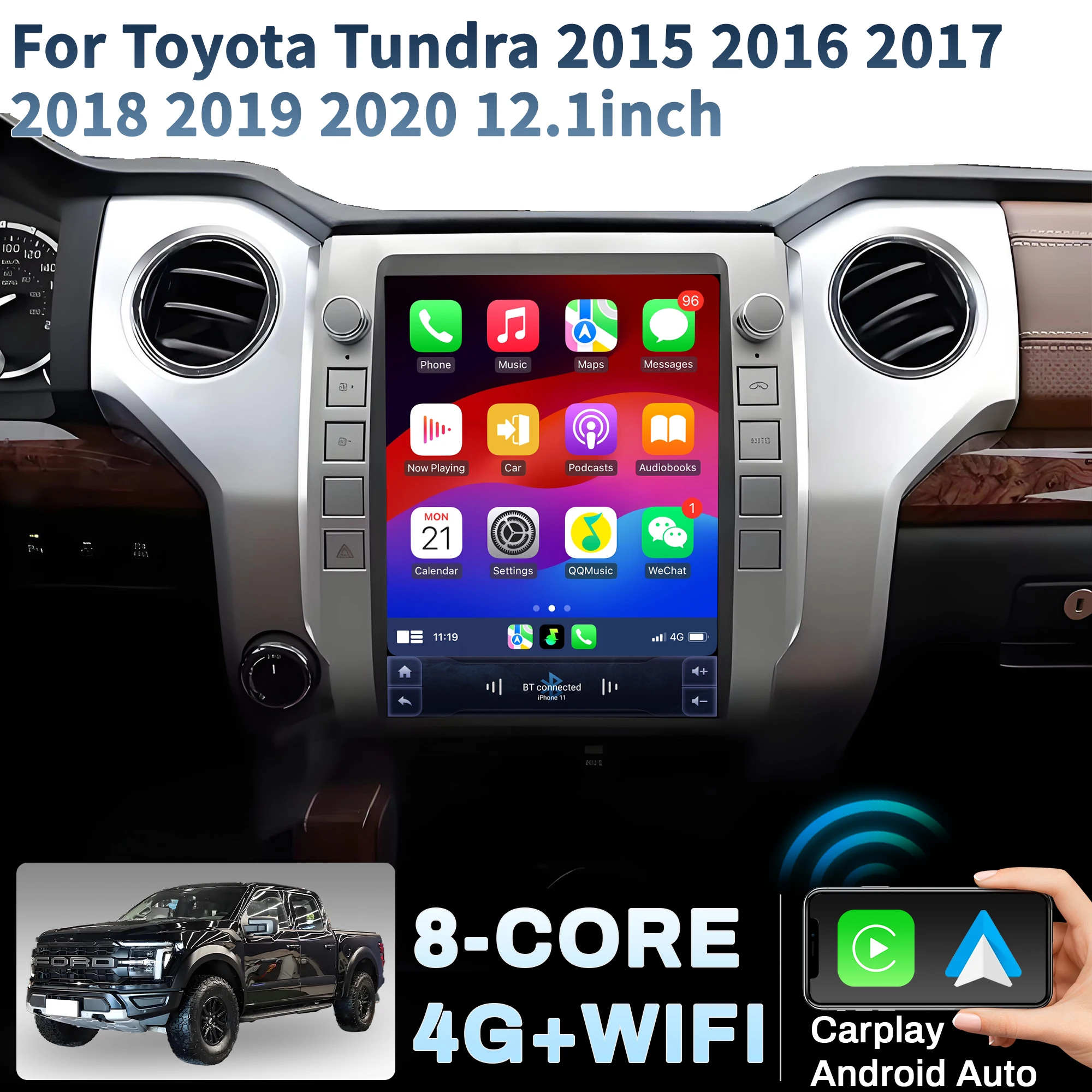 

12.1 inch Car Radio For Toyota Tundra 2015 2016 2017 2018 2019 2020 4G Head Unit Wireless Bluetooth CarPlay Touch Screen Stereo