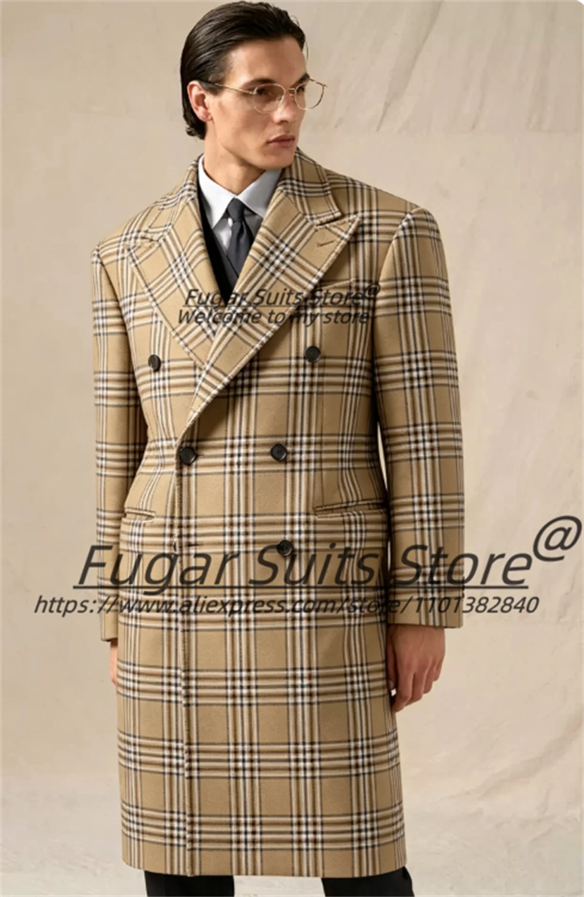 British Vintage Plaid Long Men Suits Customized Double Breasted Peak Lapel Groom Wedding Tuxedos 2 Pieces Sets Costume Homme