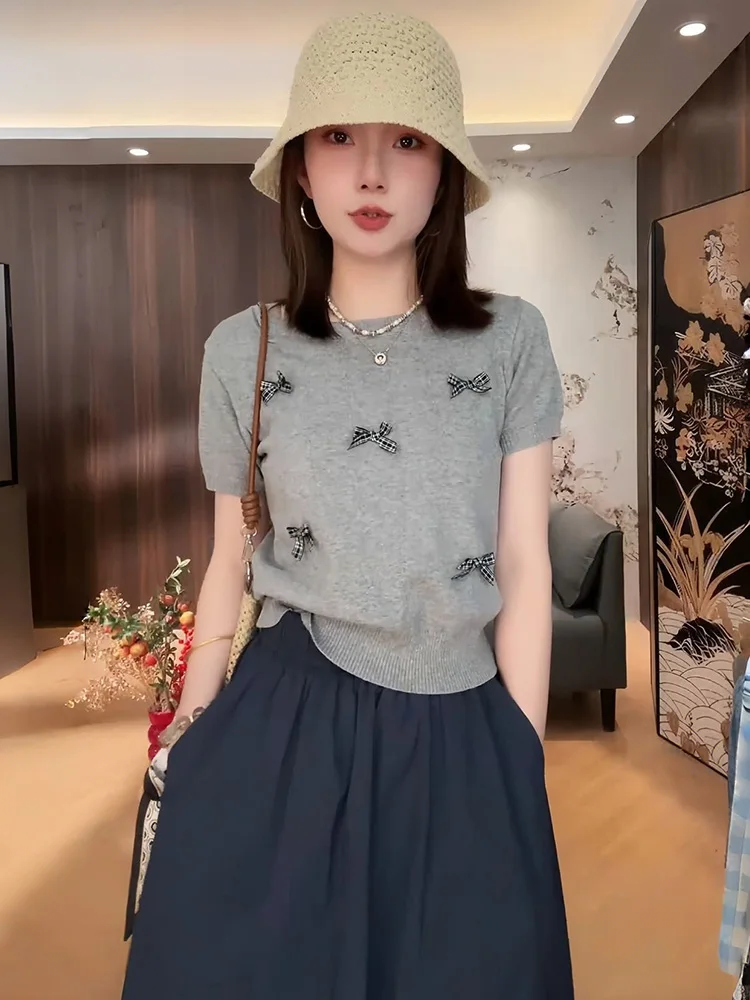 

Модный женский трикотажный топ с узлами, универсальный летний топ в корейском стиле, прямого кроя, из смесового шелка