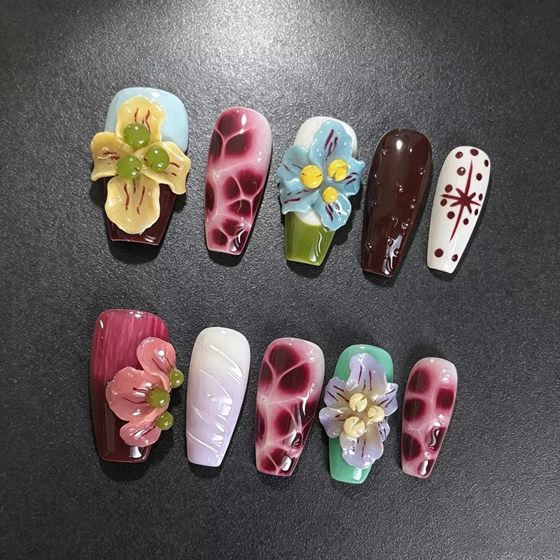 3D Flower Handmade False Nails Press on Manicure Art Reusable Adhesive Fake Nails Fantasy Wearable Finger Tips Decoration Design