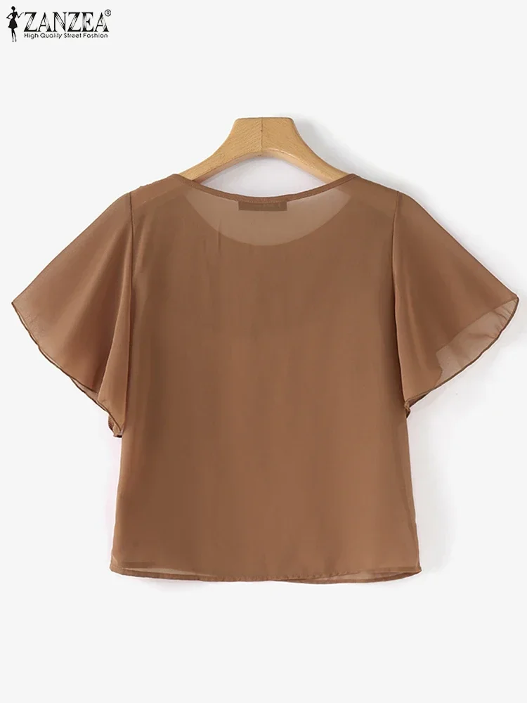 ZANZEA 2025 Estate Magliette e camicette Delle Donne di Modo Coreano Camicetta di Chiffon Elegante Manica Corta Solido Camicia Tunica Casual Allentato Volant Orlo Blusa