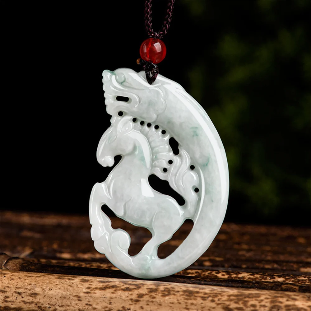 

Trendy Natural Ice Green Jadeite Carved Hollow Dragon Horse Lucky Pendant Amulet Necklace Certificate Luxury Jade Jewelry