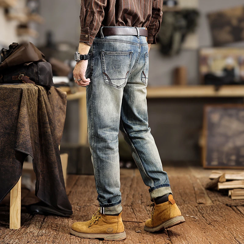 

2025 Autumn and Winter Jeans Men's Elastic Casual Slim Straight Pants Washed and Scratched American Fashion Brand Tapered Pants