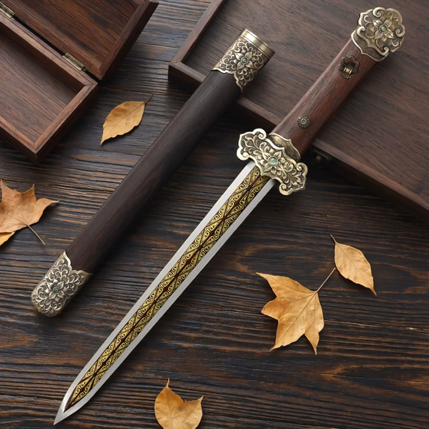 Handmade 57cm Sky Pierc Small Tang Jian Sword Manganese Steel Short Blade Antique Bronze Alloy Fittings Solid Rosewood Saya Mini