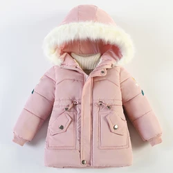 Winter Girls Jacket Lining Plus Velvet Thick Keep Warm Sleeve Print Hooded Long Style Coats For 4-6Y Kids Cotton Snow Clothes