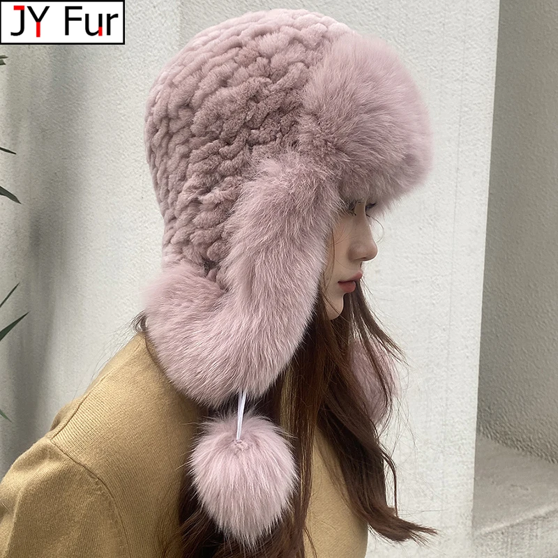 Winter Hat For Women Warm Natural Genuine Rex Rabbit Fur Knitted Hats With Earflaps Handsewn Fashionable Bomber Hat