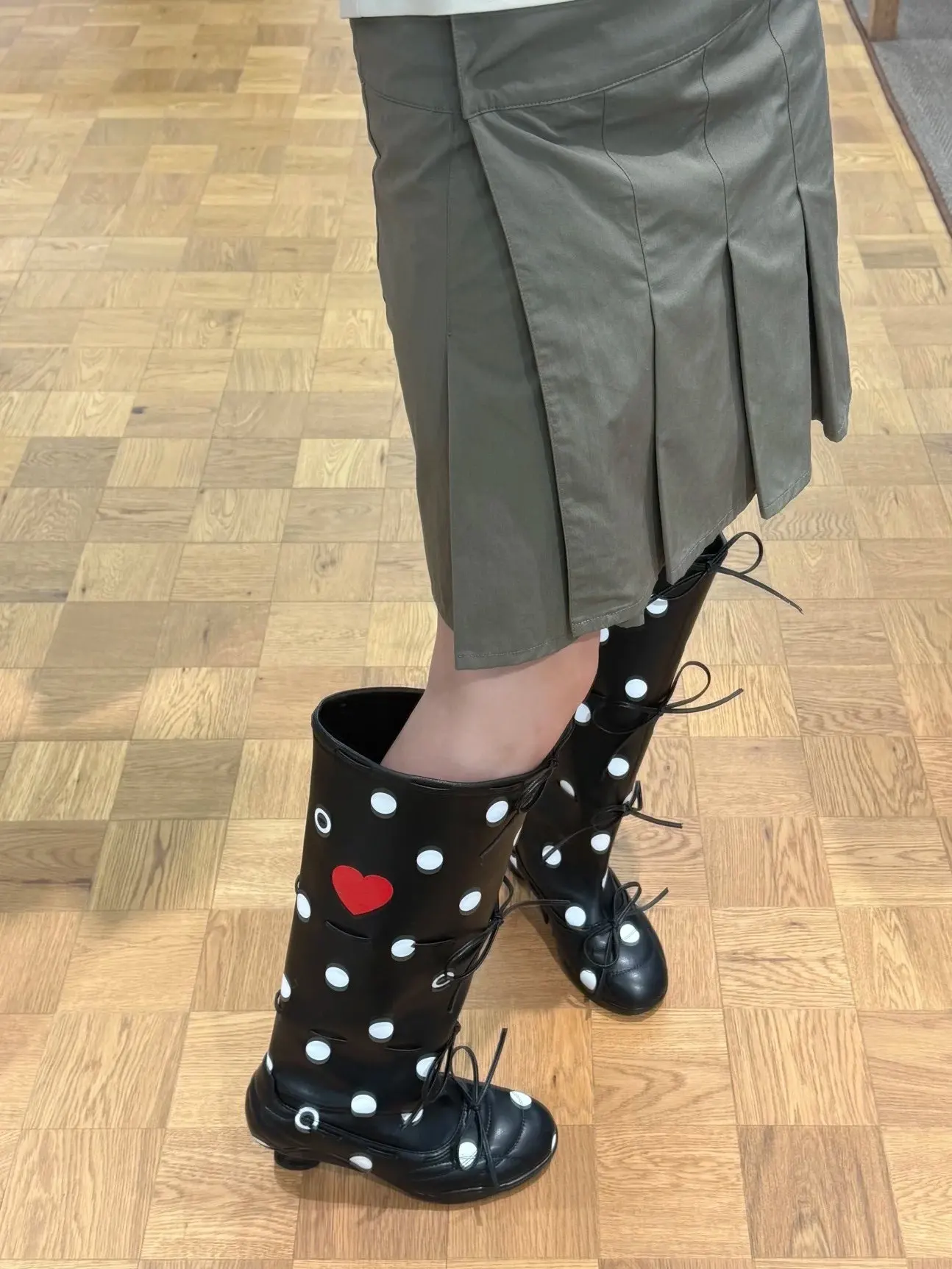 Women's Polka Dot Knee-High Boots Red Heart Detail Lace-Up Design Playful Retro Style for Festive Outings Fashion-Forward Looks