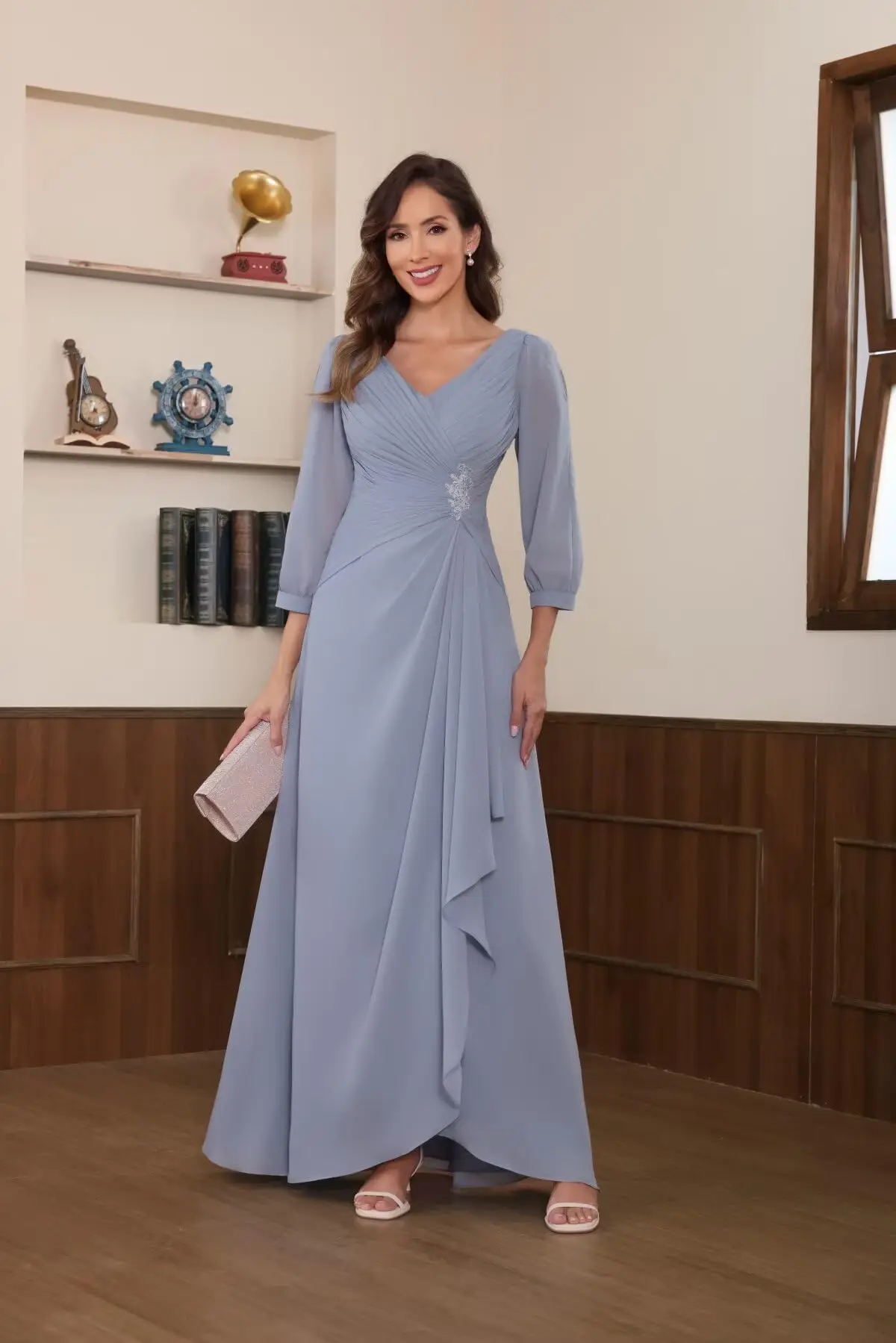 

Women's Long Ruched Chiffon Mother of The Bride Dresses for Wedding 3/4 Sleeve Evening Formal Gown with Ruffles