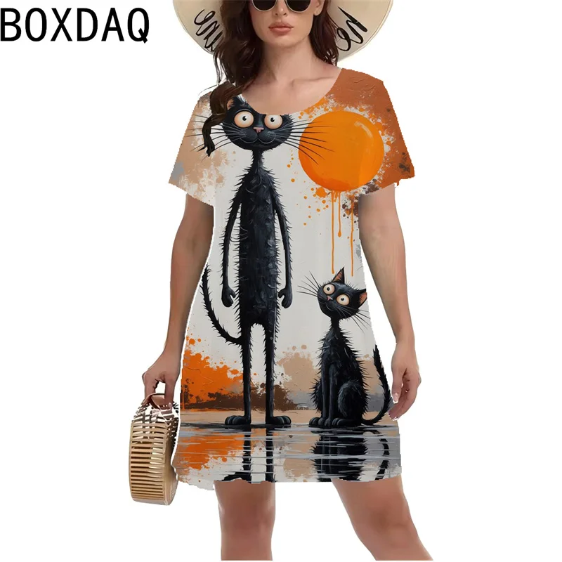 

Casual Short Sleeve Cartoon Dress 3D Fun Cat Printed Mini Dress Women Summer O-Neck Dress Elegant Sweet A-Line Dress Vestidos