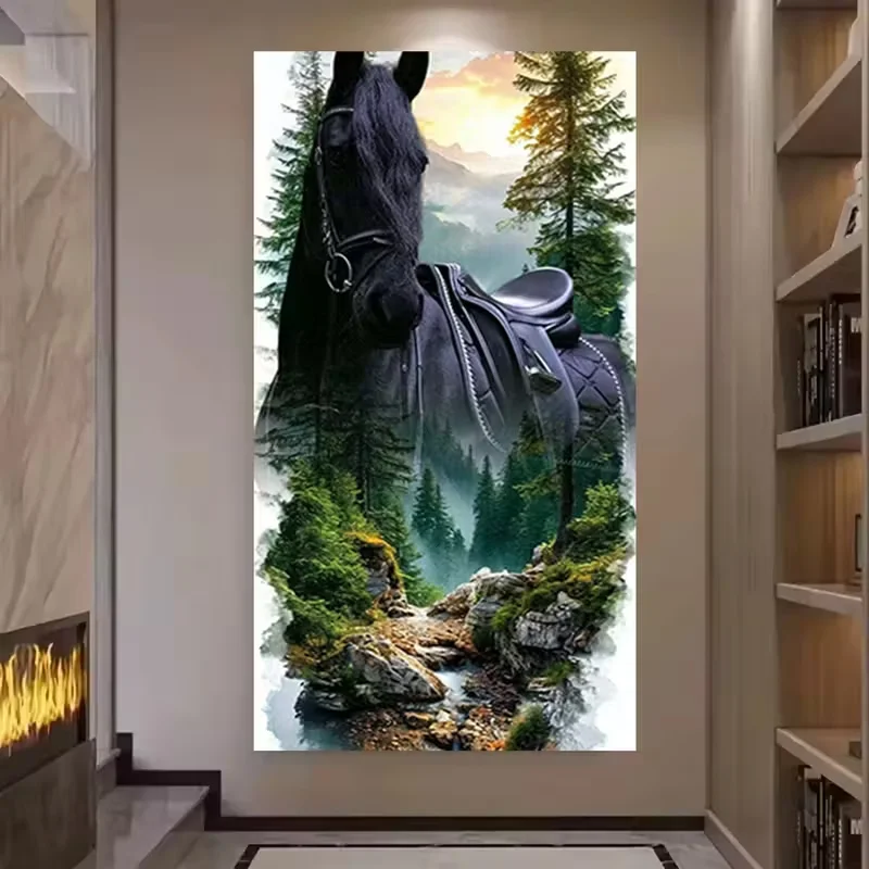 Forest Black Horses,Pine Trees,Mountain Streams Diy Diamond Art Painting Large Size Cross Stitch Kits Diamond Mosaic Scenery Art