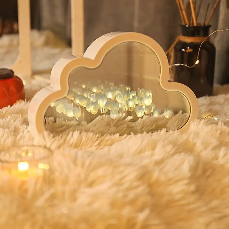 Handmade Cloud Tulip Mirror Nightlight, DIY Coração Nightlight, Living Room Tabletop Decoration, Birthday Gift, Holiday Gift