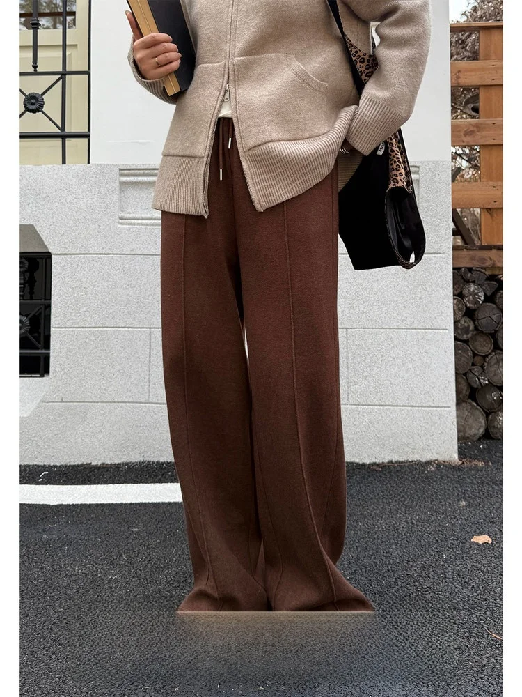 

plus Size Women's Fce Lined Wide Leg Pants Slim Fit Drapey Thiened Casual Trousers for Plump Sister High Waist Straight Cut