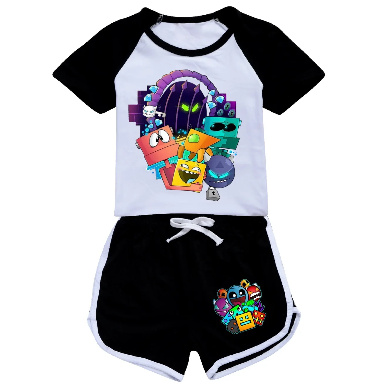 Geometry Dash T Shirt Kids Cube Game T-shirt Teenager Boys Summer Short Sleeve Tops+shorts 2pcs sets Baby Girls Cotton Tshirt