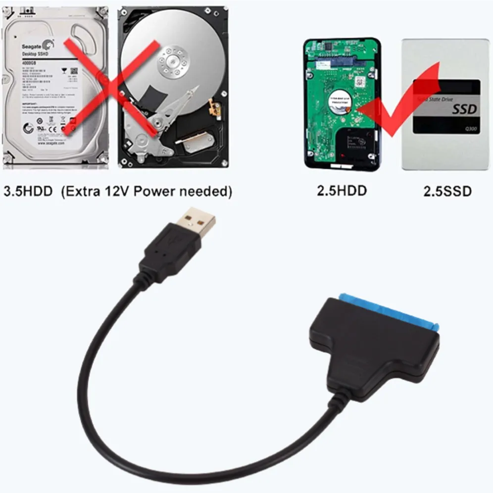 Grwibeou USB 2.0 إلى SATA كابل 22pin محول محول كابل ل 2.5in HDD SSD محركات الأقراص الصلبة قرص صلب لمحرك الأقراص الصلبة