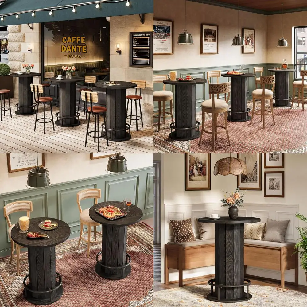 

Commercial Bar Height Dining Set for 2, Wooden Base with Footrest, Ideal for Restaurant, Cafe, or Pub, Black