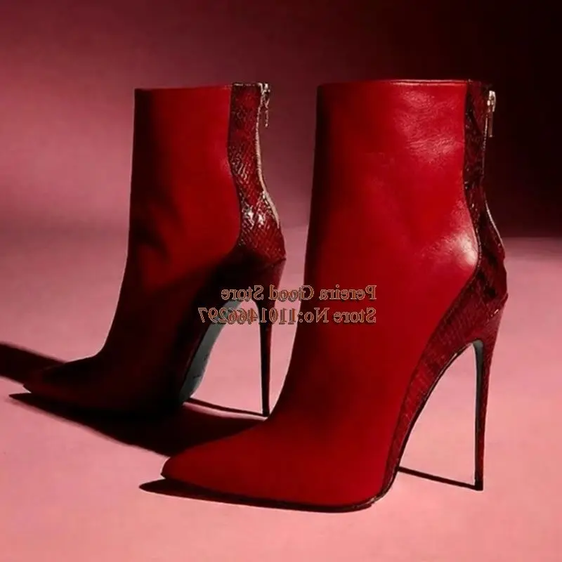 

Red Snakeskin Patchwork Suede High Heel Ankle Boots Pointed Toe Python Leather Short Booties Back Zipper Dress Shoes