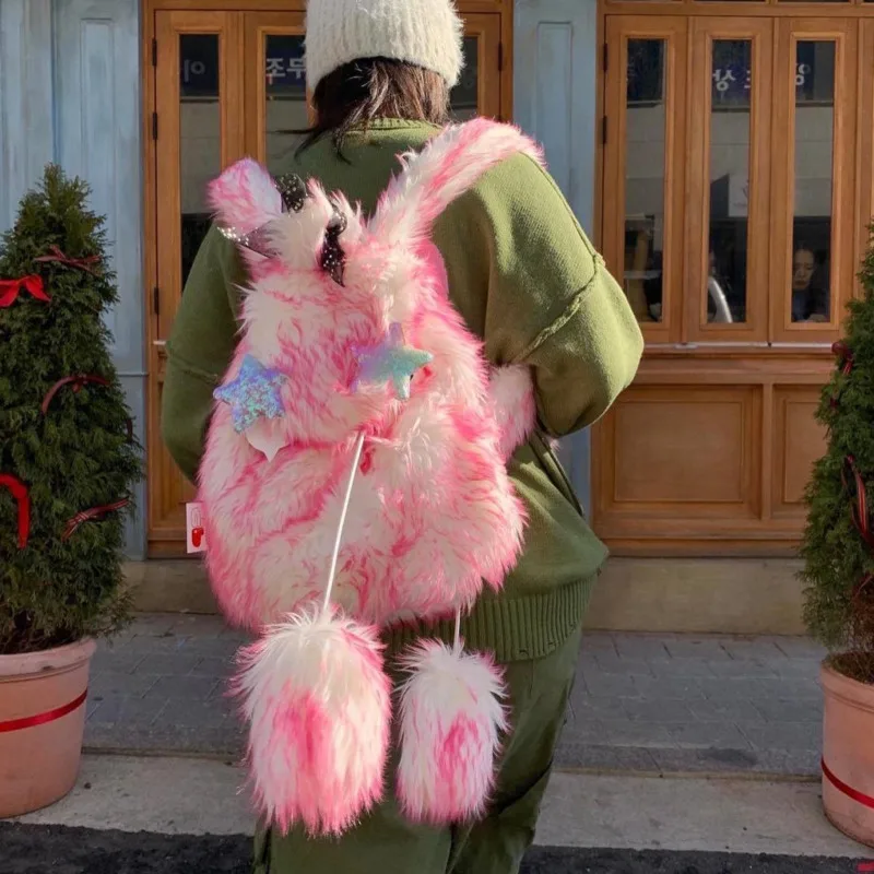 Y2k dziewczęcy plecak ze sztucznego futra koreańska modna Gradient pluszowe plecaki zimowa puszysta torba szkolna o dużej pojemności różowa tornister