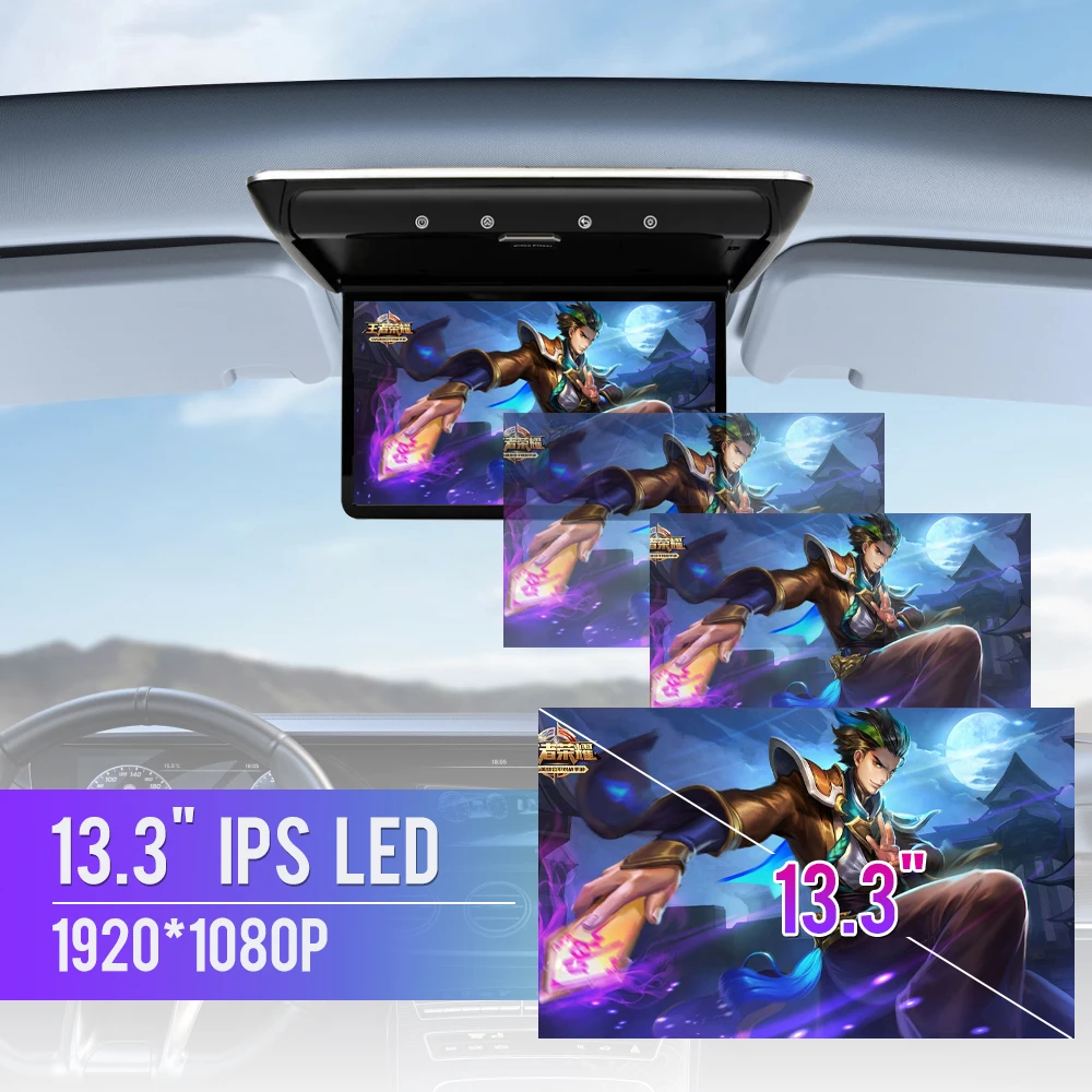 

13,3-дюймовый автомобильный монитор на крыше Android 10, IPS, сенсорный экран, откидной видео 1080P, HD, SD, FM, видео, AV-вход, HDMI Mirrorlink, пульт дистанционного управления