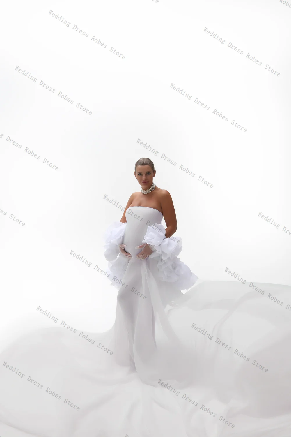 

White Woman Pregnant Prom Dress Sexy Off Shoulder Full Sleeves Maternity Robes Evening Gown 3D Flower Sleepwear Customized