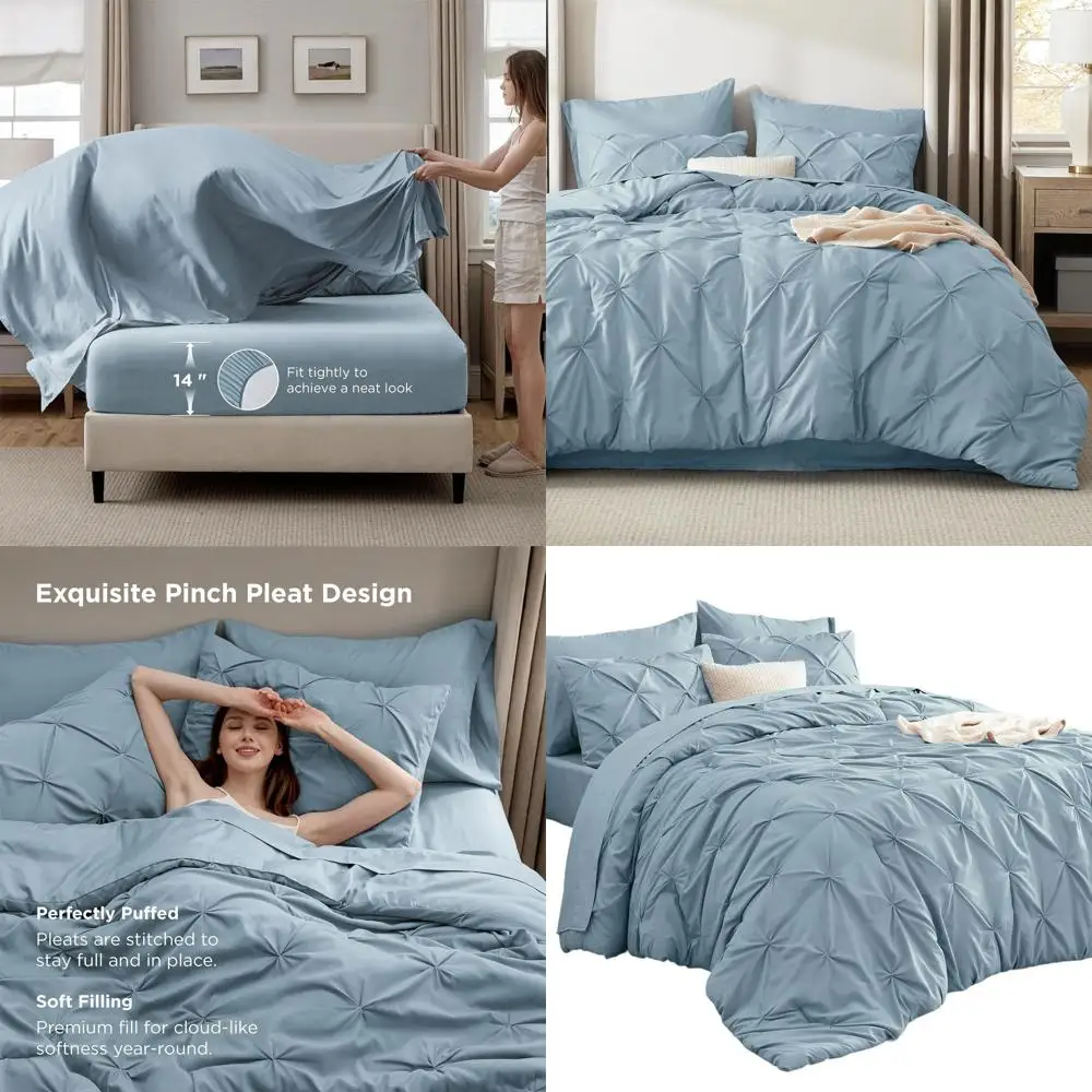 

7-Piece Light Blue Bedding Set: Pintuck Comforter with Sheets, Pillowcases & Shams - Perfect Gift for Family