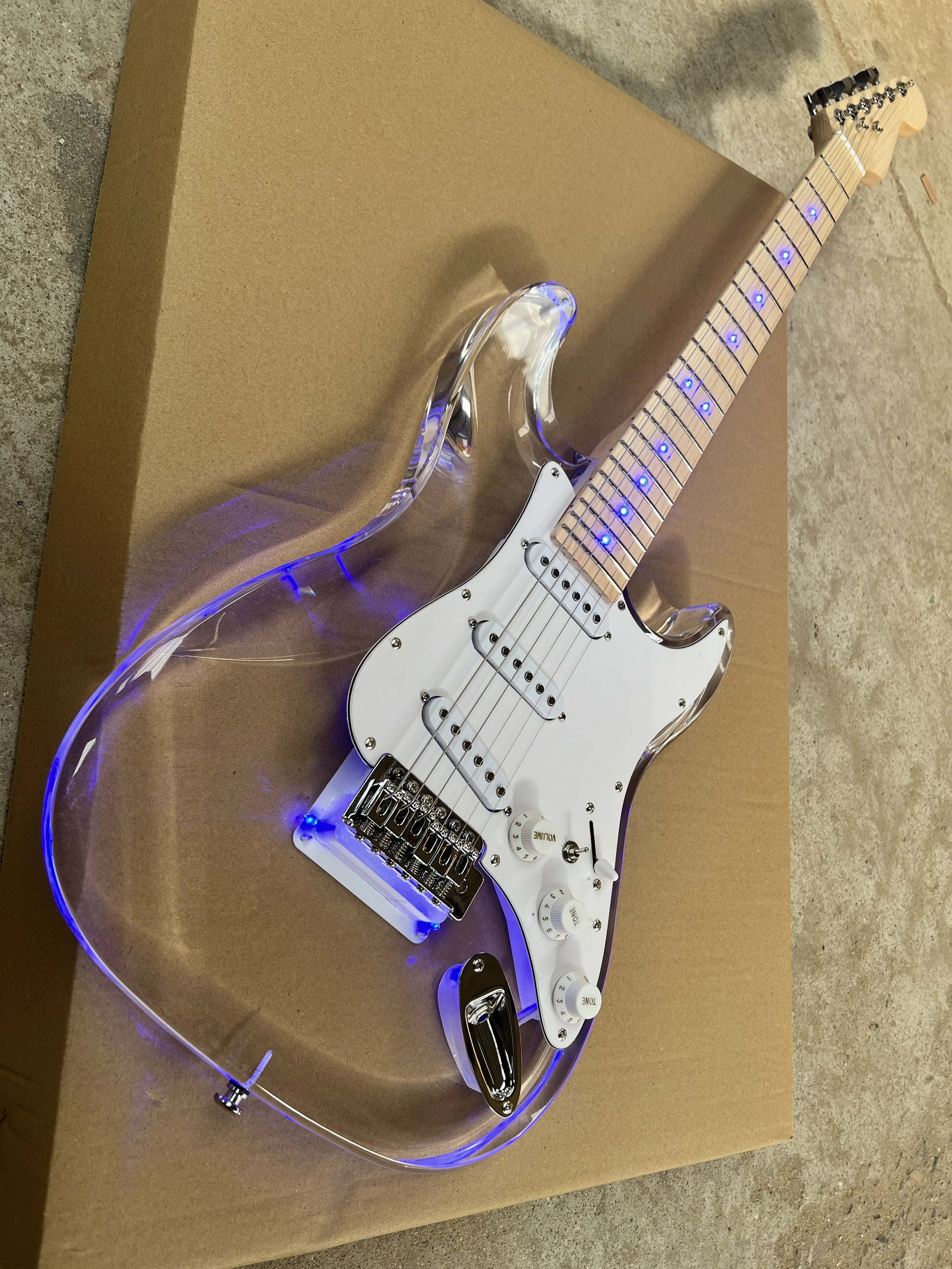 Acrylic clear crystal Plexiglas 6-string electric guitar Blue LED lights Maple guitar neck Free shipping