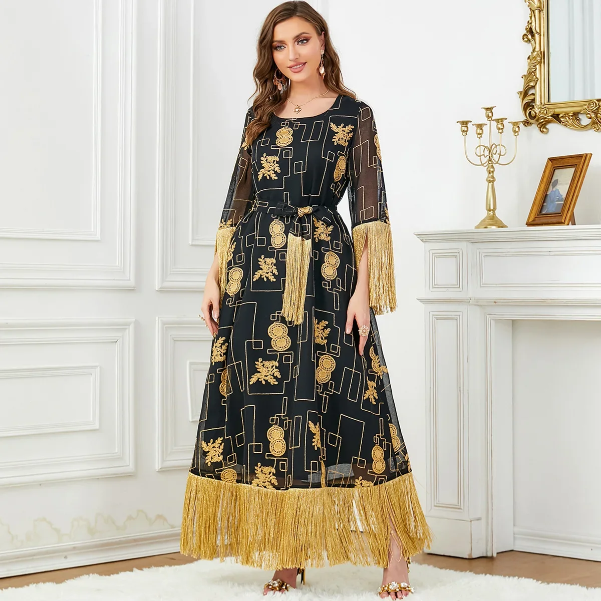 

Muslim Arabian Tassel Long Dress Loose Women Dress Temperament Printed Dresses Arabia Casual Abayas Elegant Casual Muslim Dress