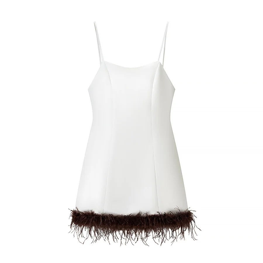 Kondala branco sexy mulher moda 2025 cami vestido com zíper sem costas pena decoração vestidos sem mangas magro feminino mini vestidos