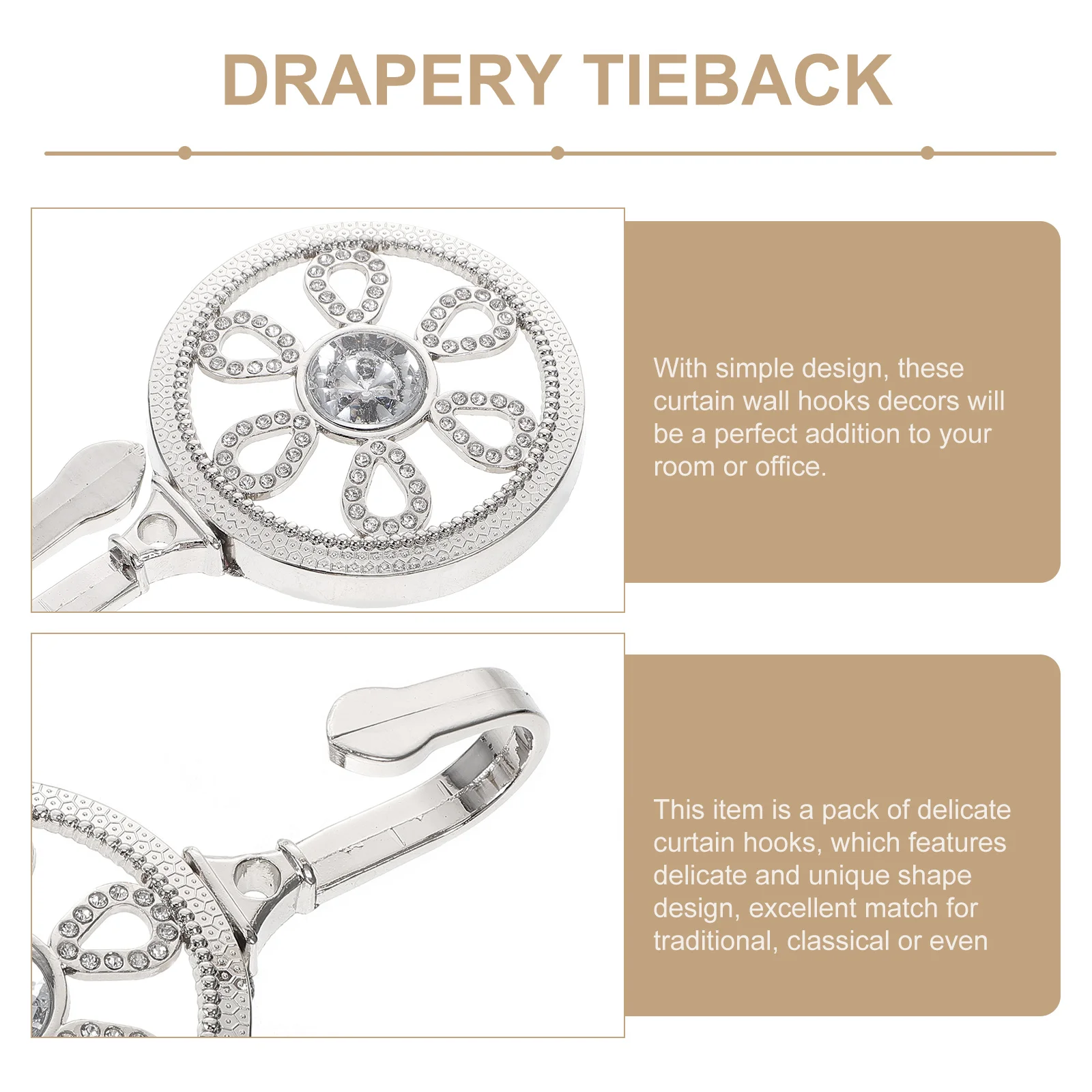 

1Pair Zinc Alloy Curtain Hooks Flower Design Decorative Wall Hook Heavy Duty Metal Curtain Tiebacks for Coats Towels Home Decor