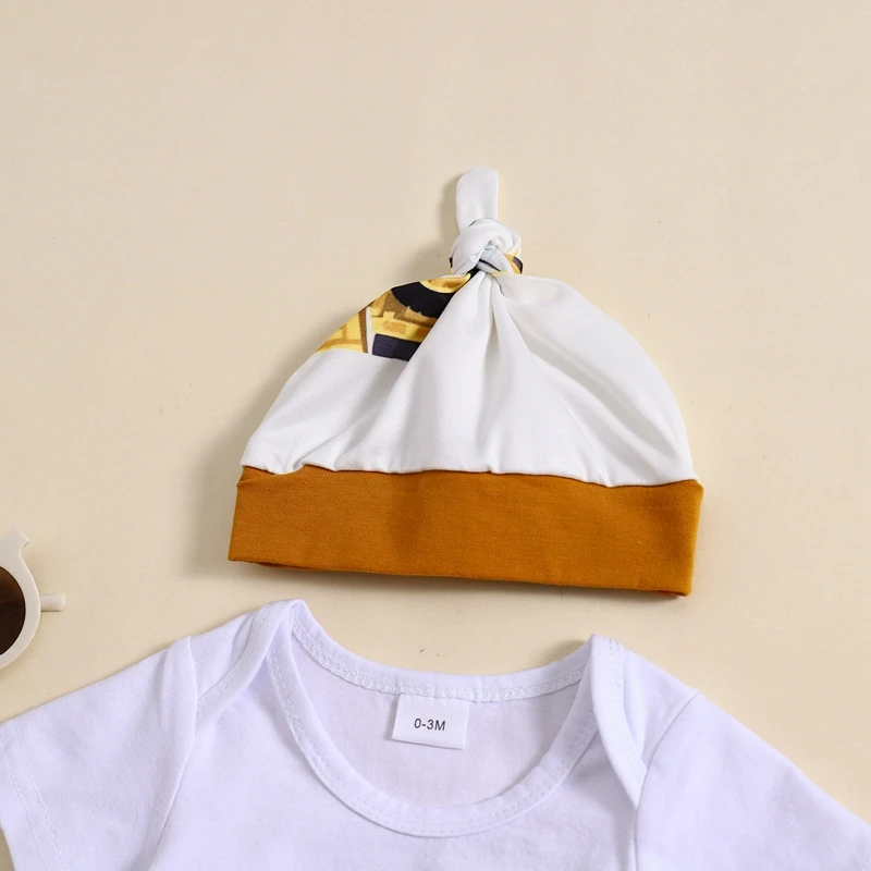 Baby Boy Summer Outfit Letter Print Short Sleeves Romper and Elastic Digger Print Pants Beanies Hat Set 3 Piece Clothes